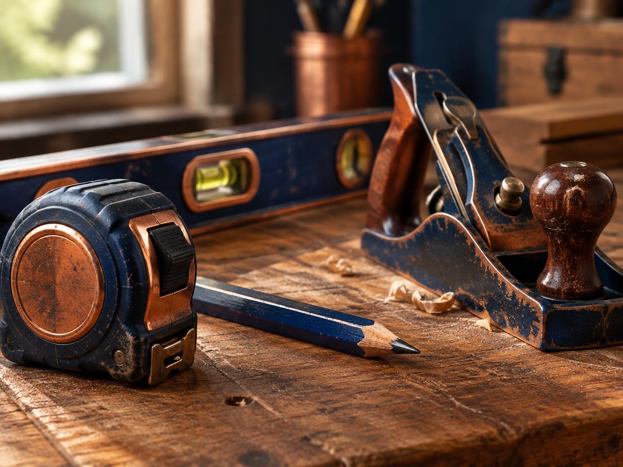 Illustrative photo of trade tools — a tape measure, pencil, level and hand plane — on a wooden workbench